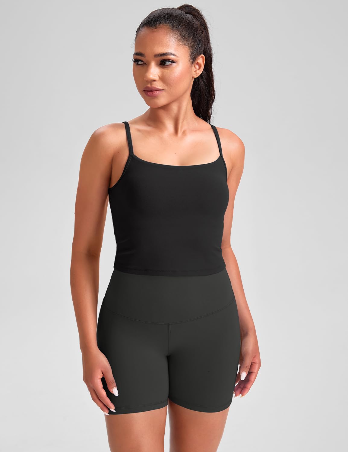 HeyNuts Cropped Cami Tank Top for Womens, Square Neck Spaghetti Thin Strap Low Impact Wirefree Workout Athletic Basic Gym Yoga Longline Sports Bras Padded Camisole with Built in Bras Black M