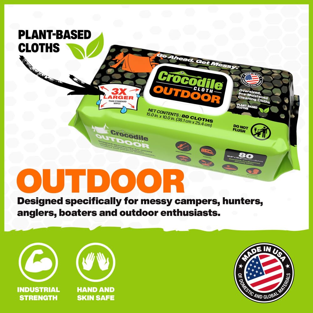 Crocodile Cloth Outdoor Cleaning Wipes, Plant-Based Multi-Surface Wipes, Pre-Moistened, Aloe & Vitamin E, Safe on Skin, 80 Count, 15 x 10 Inch