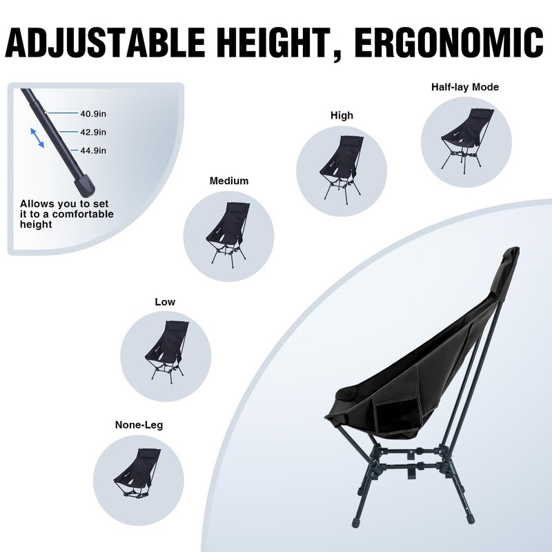 MOON LENCE Folding Portable High Back Camping Chairs for Adults, Adjustable Oversize Lightweight for Beach Hunting Hiking Backpacking (Black with Anti-Sinking Feet)