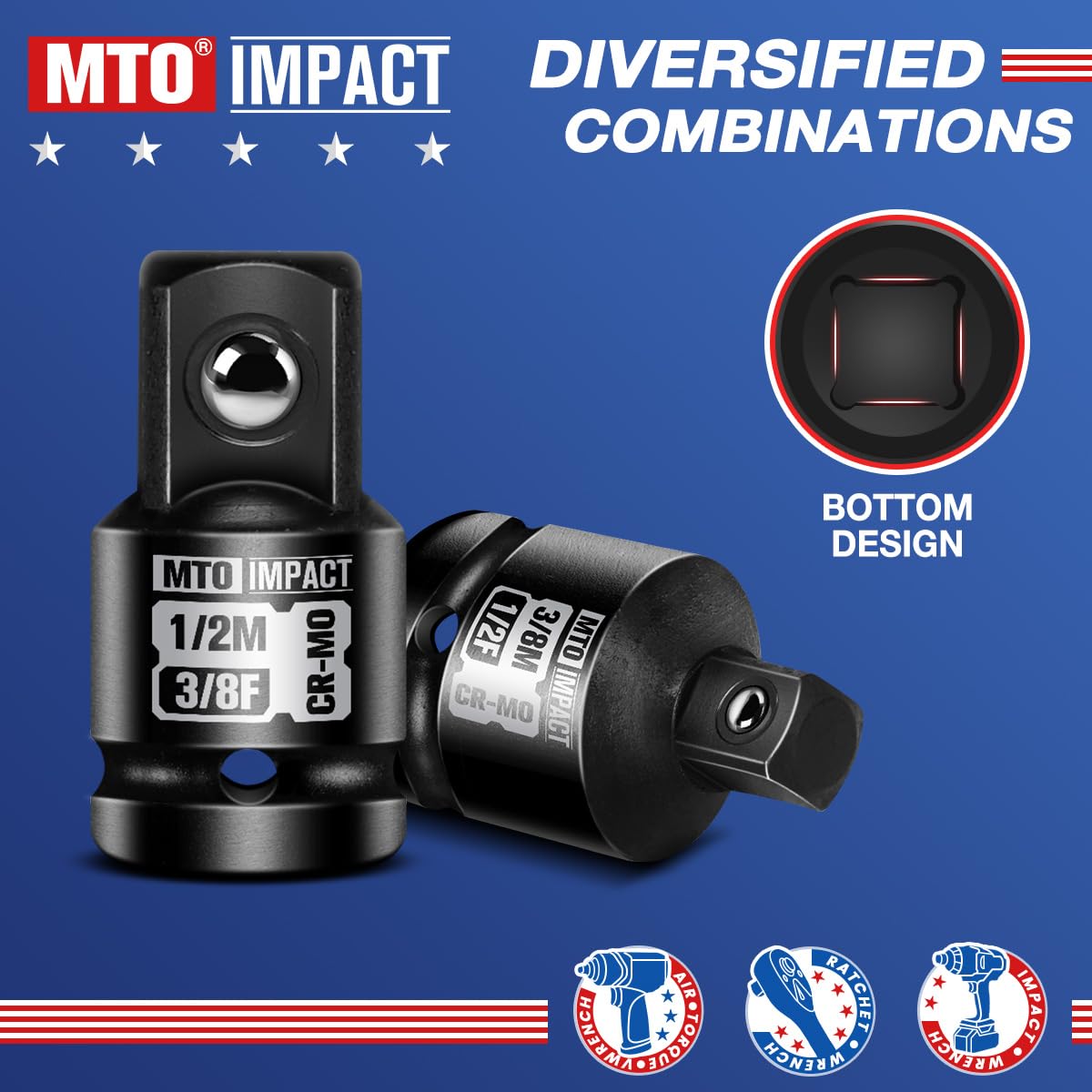 MTO 2-Piece Impact Socket Adapter and Reducer Set, 1/2" Female to 3/8" Male Reducer, 3/8” Female to 1/2” Male Adapter, Chrome Molybdenum Alloy Steel