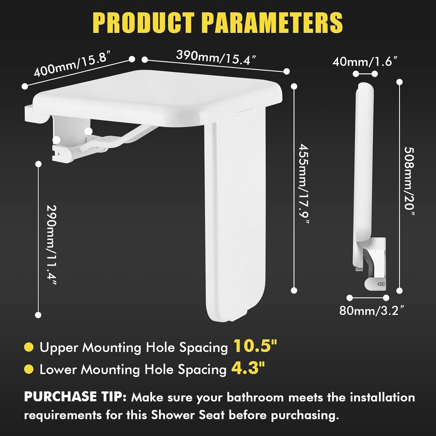 YUCHENGTECH Folding Shower Seat Wall Mounted Silent Fold Down Shower Seat for Inside Shower Folding Shower Bench Foldable Shower Chair for Seniors Disabilities Pregnant 485 LBS