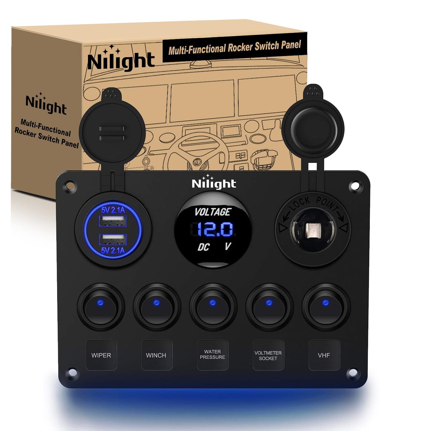 Nilight 90101E Multi-Function 5 Gang Rocker Switch Panel - Dual USB Charger & Digital Voltmeter for RV, Boat, Truck | Pre-Wired with Circuit Breakers, Blue