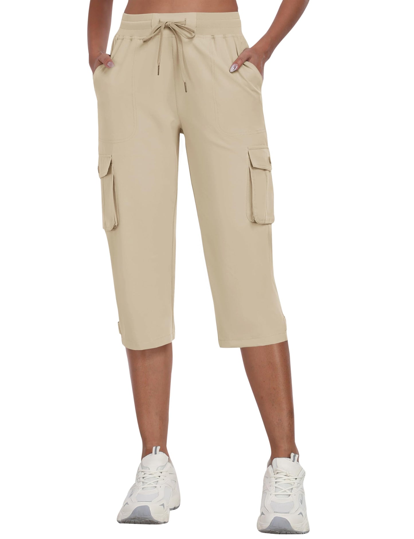 MoFiz Womens Capris with Pockets Loose Fit Casual Capri Pants Lightweight Ladies Cargo Pants for Hiking Khaki XL