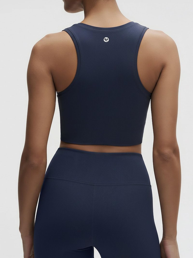 AARYA Women's Ribbed Workout Tank Top Cropped Sports Top, Double Layer, Yoga & Activewear Shirt for Gym, Running, Tennis（Blue,X-Small
