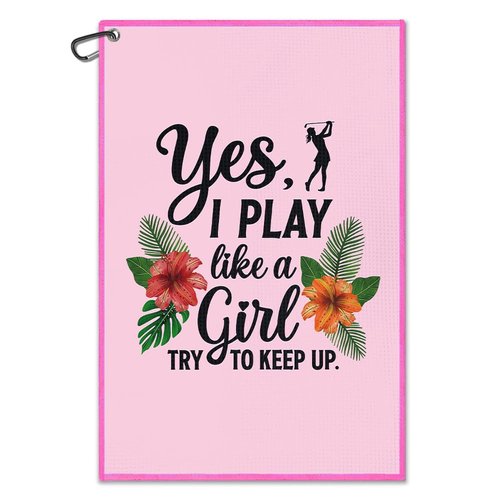 Juoqg I Play Like A Girl Try to Keep Up Feminine Golf Towel, Funny Golf Bag Towel with Clip, Golfing Accessories for Women, Golfing Gifts for Ladies Golfer, Birthday Gifts for Sport Fan Sister Friend