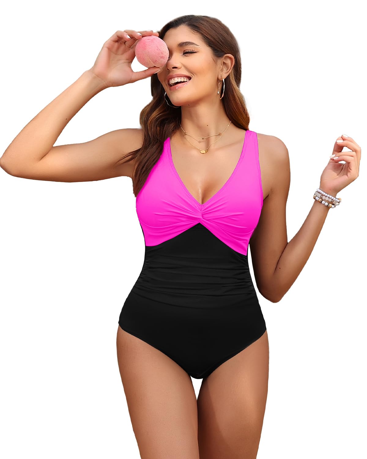 Holipick Hot Pink Black Women Tummy Control One Piece Swimsuit - Push Up Bathing Suit Full Coverage Slimming Swimwear L
