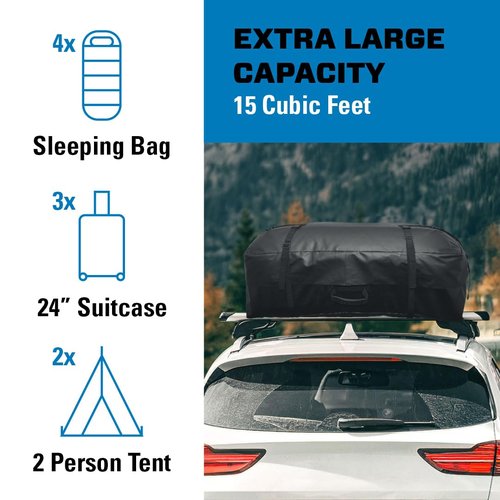 Reese 59006 Waterproof Rooftop Cargo Carrier Bag for Cars, SUVs or Trucks with/Without Roof Racks, 15 Cubic Feet, Heavy Duty 840D Abrasion-Resistant PVC Fabric with Anti-Slip Mat