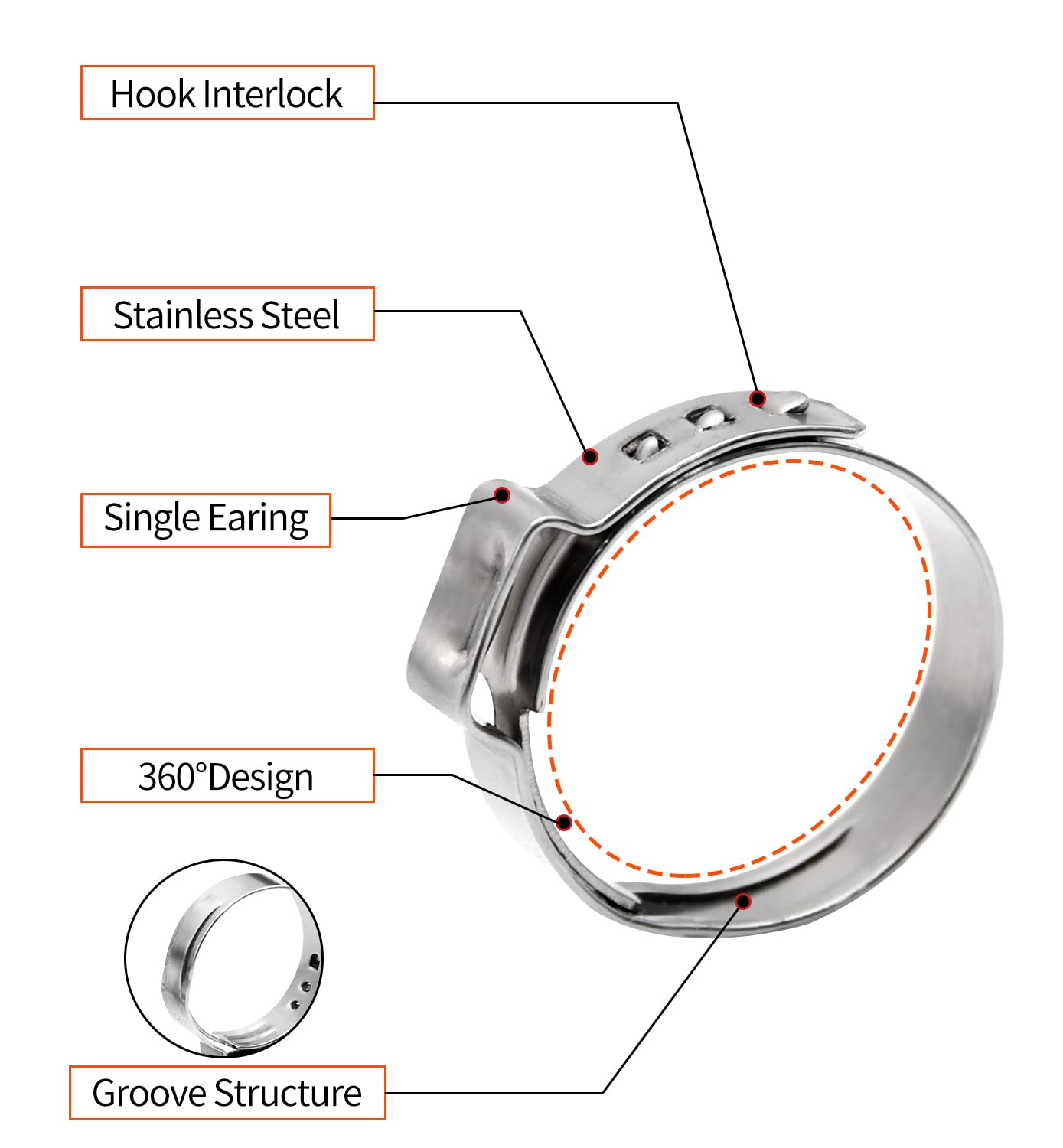 50 Pack 1/2 Inch PEX Cinch Clamps, Stainless Steel Single Ear Hose Clamps, for PEX Pipe