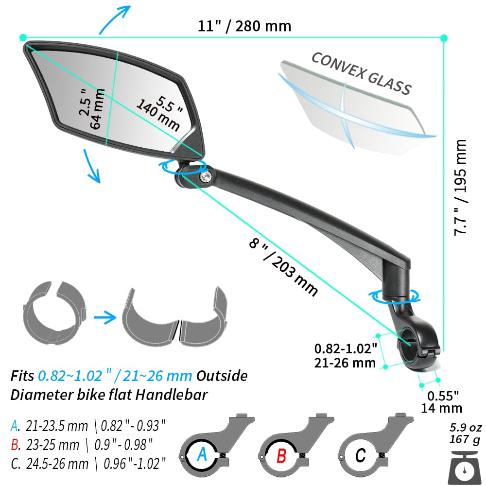 BriskMore Handlebar Bike Mirror - Crystal Clear HD Glass, 360° Adjustable&Foldable Mirror for Safe Riding, Wide Angle Rearview for E-Bikes, Mountain Bikes & Scooters,Bicycle Mirrors,Left Side Mount