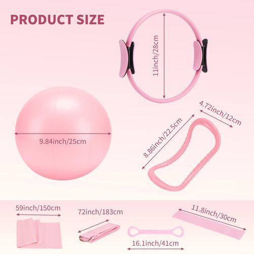 FITOUNOS Pilates Ring Set for Women, Home Workout Pilates Equipment with Resistance Bands, 14'' Magic Circle, Mini Ball, Pilates Starter Kit for Strength (Pink)
