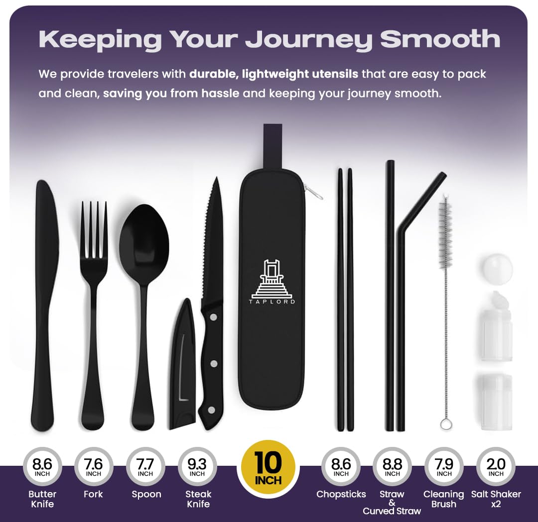 Taplord Portable Travel Silverware Set With Case, Includes 10 Pcs of Travel Utensils With Case, Stainless Steel Flatware Set For Camping, Lightweight (Black)
