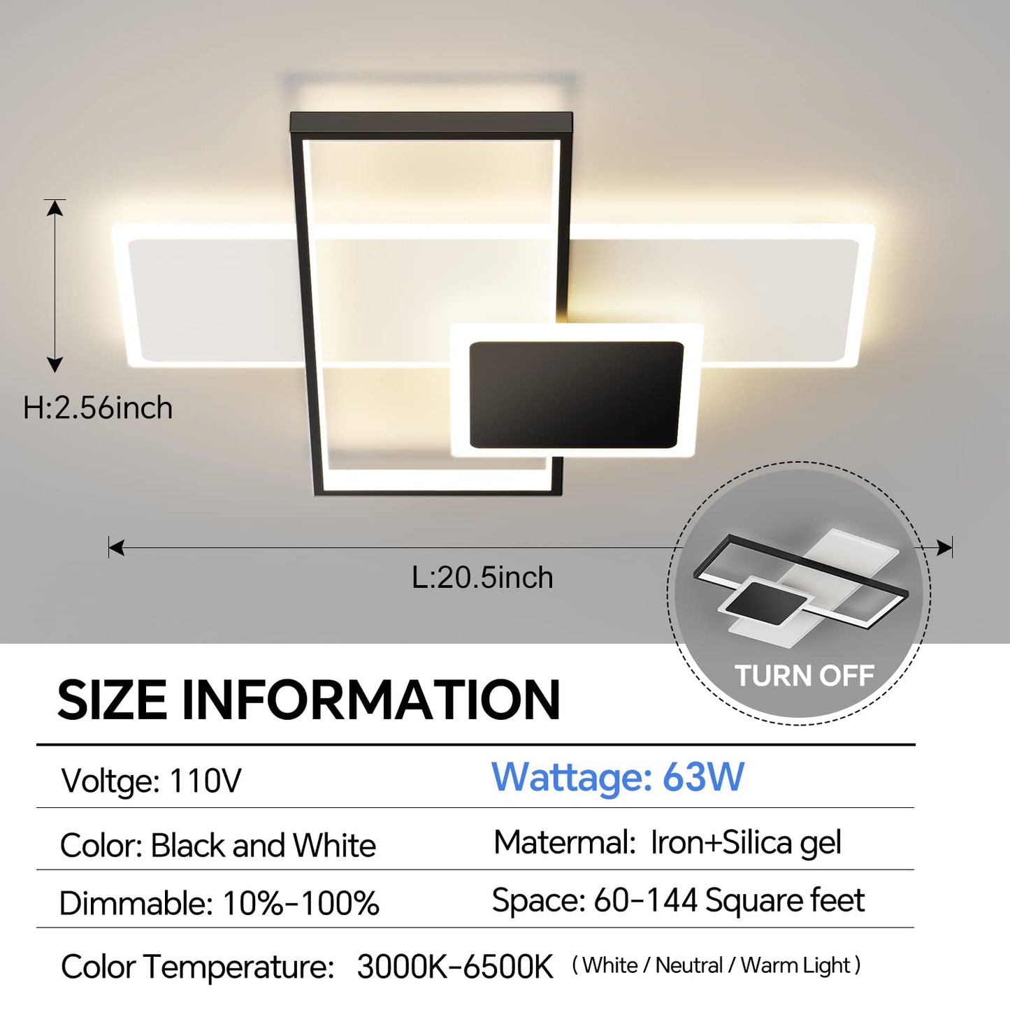 20.5in Dimmable Modern LED Flush Mount Ceiling Light, 3000K-6500K 3-Color Modern LED Ceiling Lamps with Remote Control, 63W Squares Acrylic Ceiling Light for Kitchen Living Dining Room Bedroom