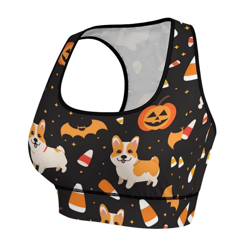 AuHomea Halloween Pumpkins Cute Corgi Womens Sports Bra Padded Workout Slimming Tank Tops for Women with Built in Bra U Neck Fitness XL Size Running Yoga Top
