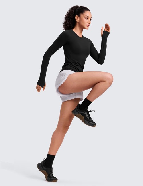 CRZ YOGA Seamless Long Sleeve Shirts for Women Hip Length - Workout Athletic Running Gym Yoga Tops Breathable Crewneck Tshirt Black Medium