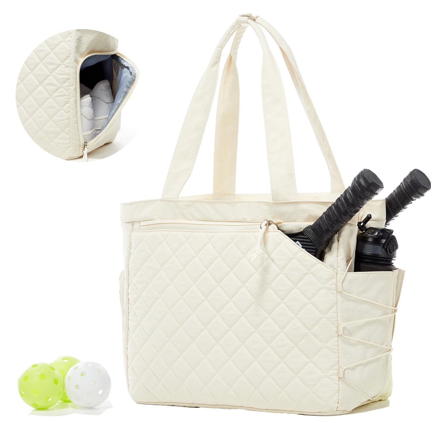 LANBX Pickleball Bag Fits 2 to 6 Paddles, Quilted Pickle ball Tote Bags for Women and Men with Shoe Compartment and Fence Hook, Great Pickleball Gifts