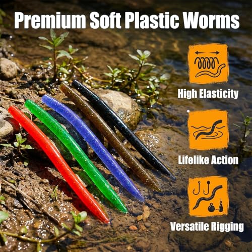 5" Soft Plastic Stick Worms for Bass Fishing - Pumpkin, 10 Pack