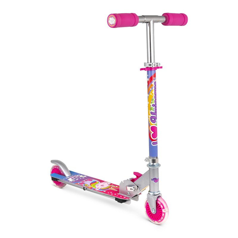 Ozbozz: Flashing Scooter - Unicorn Magical Sparkles - Light-Up Wheels-Deck, Adjustable Height, 2 Wheel Outdoor Ride-On, Foldable, 100lb Limit, Kids 5+