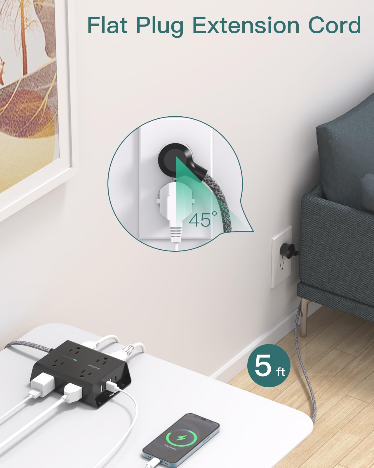 Surge Protector Power Strip, 8 Widely Outlets with 4 USB Ports(1 USB C Outlet), Addtam 3-Side Outlet Extender Strip with 5Ft Extension Cord, Flat Plug, Wall Mount for Dorm Home Office, Black