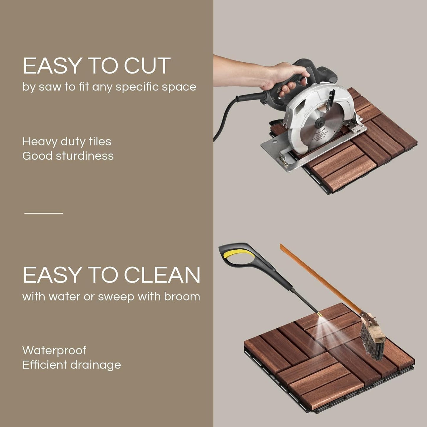 Outdoor Waterproof Acacia Wood Deck Tiles - 10 Pcs Patio Flooring for All Weather Use