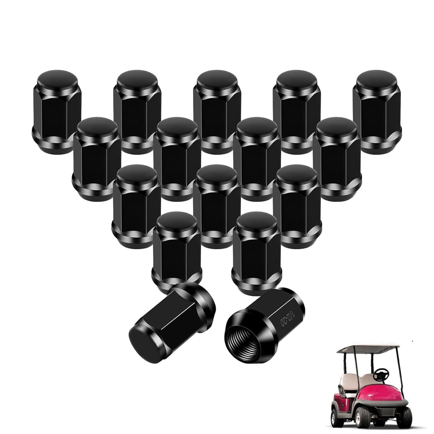 DRIVE UP Golf Cart Chrome Wheel Lug Nut Kit for Club Car DS Precedent and EZGO TXT RXV Models, 16 Black Packs (1/2-20 Size) OEM 1010984 14723-G1
