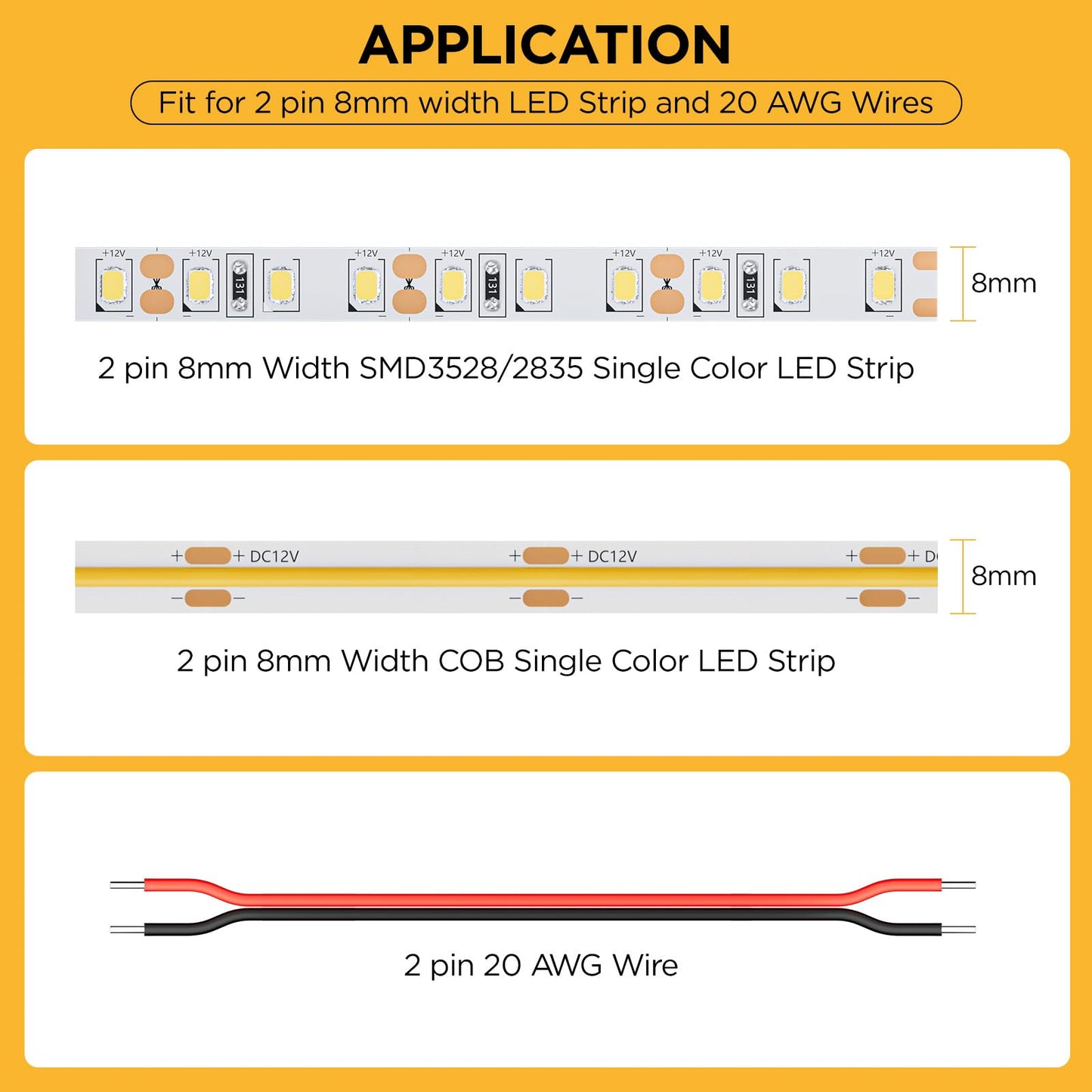 DEIGCYU 20 Pack 8-in-1 LED Strip Connectors with 6.6FT (2m) 20AWG Wires, for 8mm 2-Pin COB/SMD 2835/3528 LED Strips – Straight, Corner, Strip-to-Strip & Strip-to-Wire