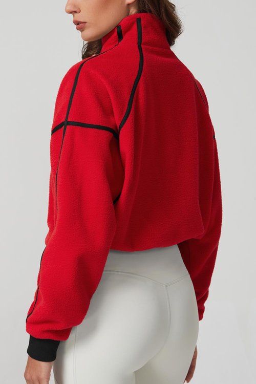 QINSEN Half Zip Fleece Pullover for Women Active Winter Warm Crop Sweater Drawstring Fit Top Red S