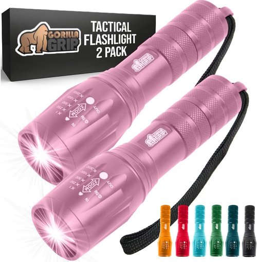 Gorilla Grip Tactical Flashlight - Powerful 750 FT LED, Water Resistant, 5 Adjustable Modes | 2 Pack, Pink