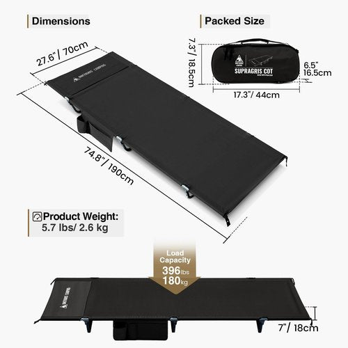 ONETIGRIS SUPRAGRIS Camping Cot, Support Up to 400lbs, Lightweight Comfortable Folding Bed for Camping, Hiking, Backpacking, Travel, Car Trips, Office Nap (Black)