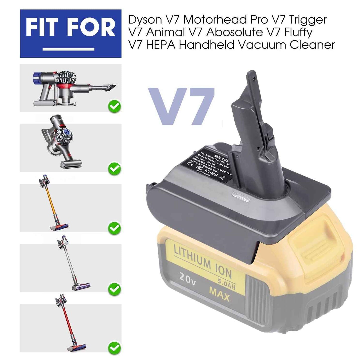 TPDL for Dyson V7 Battery Adapter Replacement, for DeWalt 20V Lithium Battery Convert for Dyson V7 Series Vacuum Cleaner Animal Cordless Stick Handheld Vacuum Converter (Adapter only)