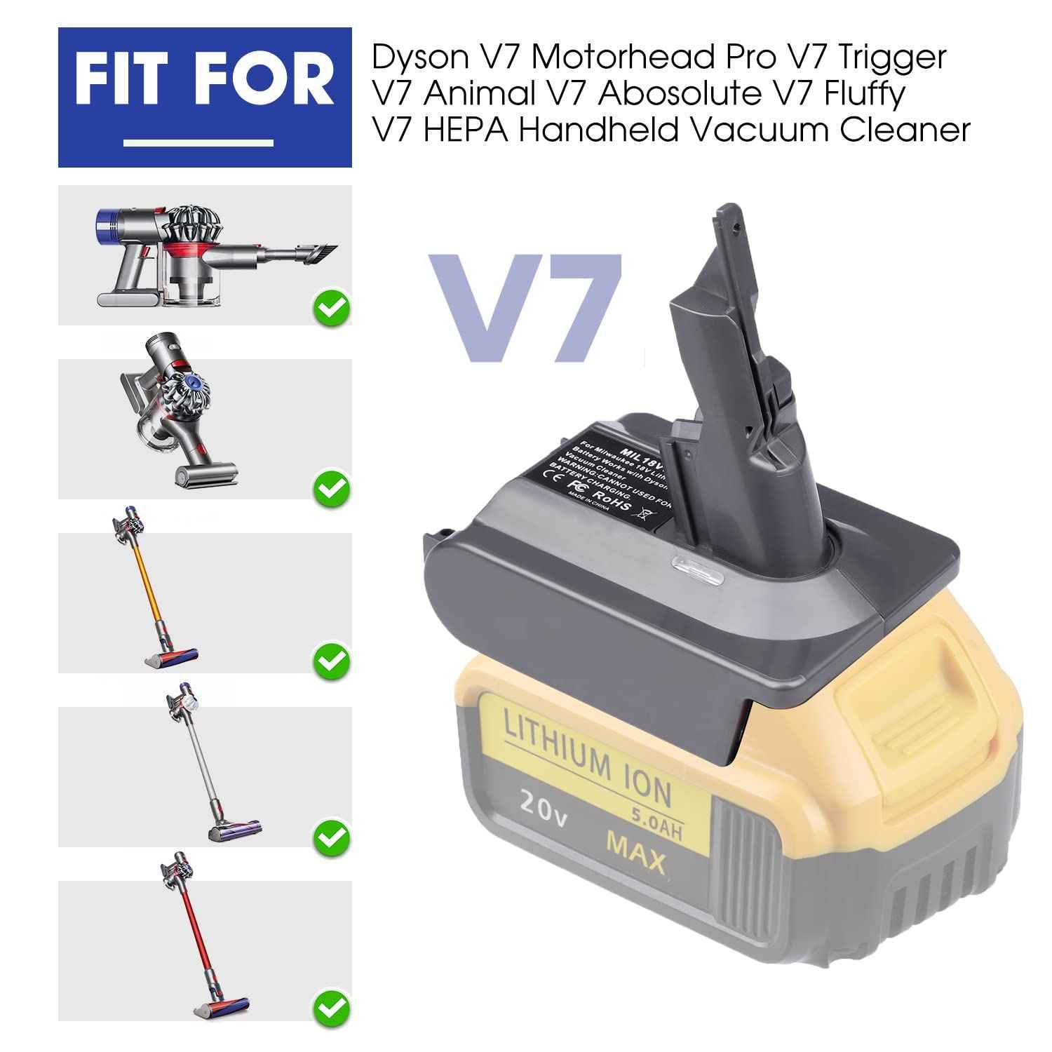 TPDL for Dyson V7 Battery Adapter Replacement, for DeWalt 20V Lithium Battery Convert for Dyson V7 Series Vacuum Cleaner Animal Cordless Stick Handheld Vacuum Converter (Adapter only)