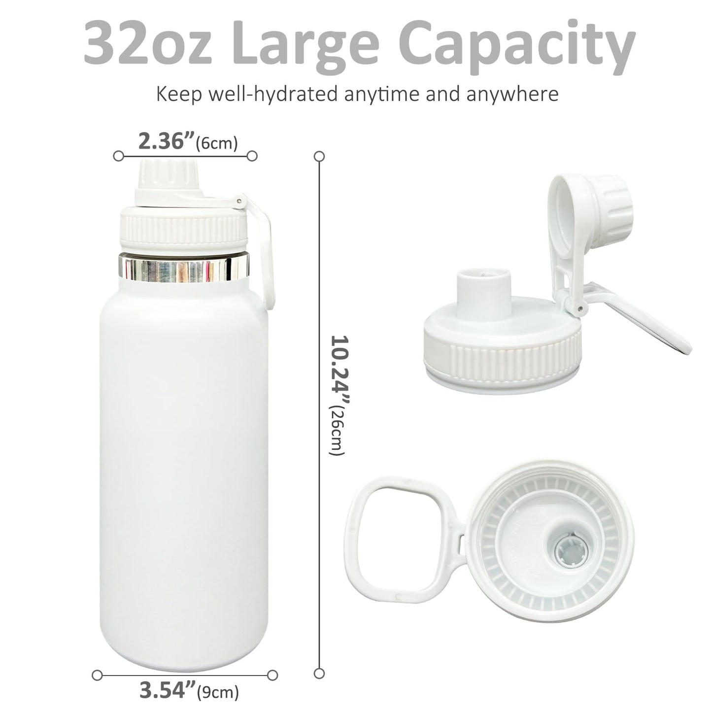 FunTrans 32 oz Insulated Water Bottle with Spout Lid - Double Wall Vacuum Sports Water Bottle - Powder Coated Cup for Gym Camping Hiking(White,1 pack)