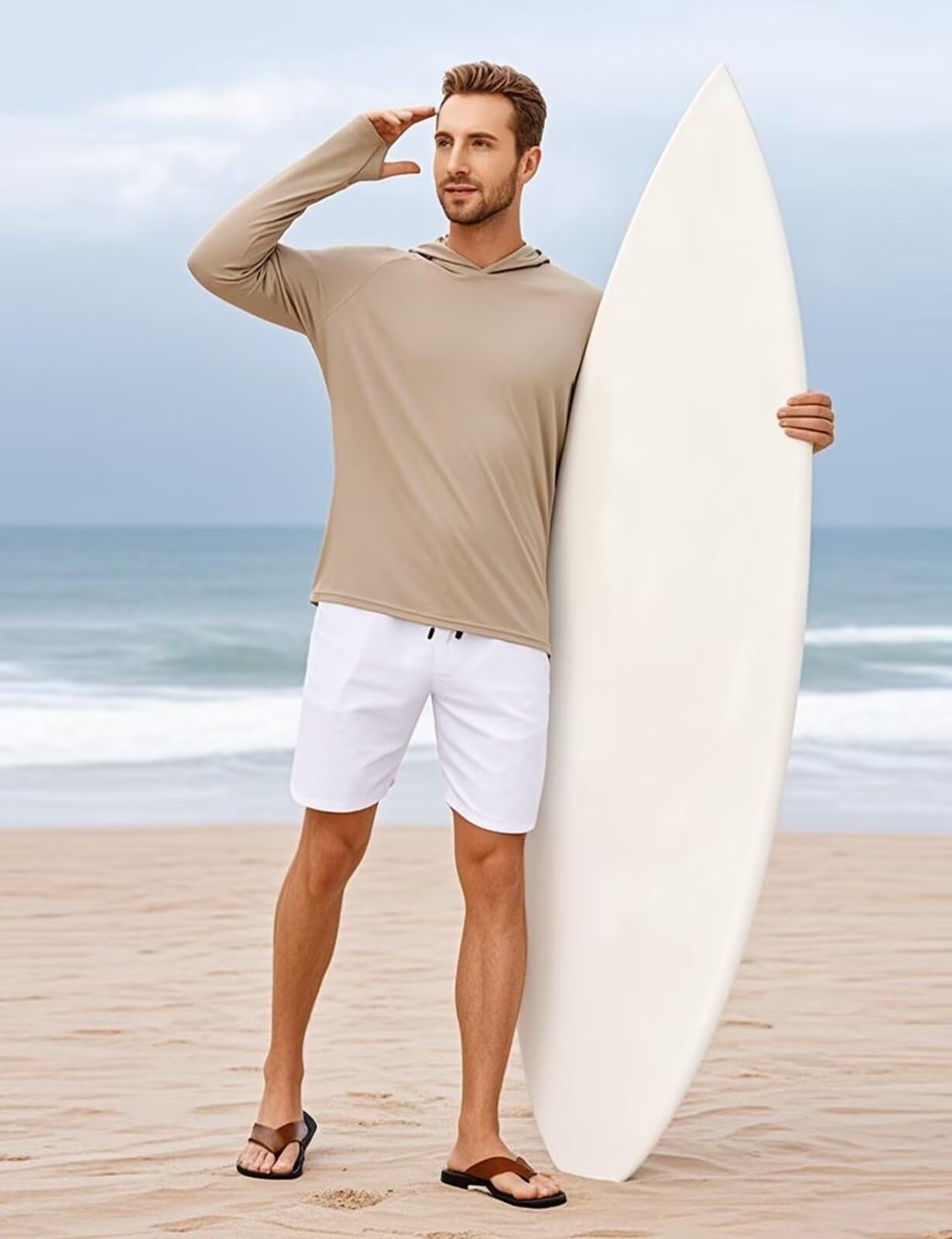 FUWODE Mens Long Sleeve Sun Shirt with Hood SPF UV Protection Clothing for Hiking Fishing Running Rush Guard Dri Fit Khaki