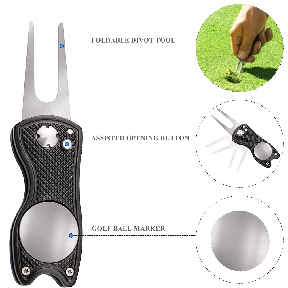 VIVIDLY Microfiber Waffle Pattern Tri-fold Golf Towel Set | Golf Club Brush| Golf Divot Tool