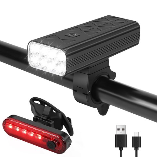 Suruid Bright Bike Light Set, Bicycle Front Headlight and Back Taillight, 8 LED 1000 Lumen USB Rechargeable Bicycle Headlight, 5 Light Modes Front Light and 4 Modes Taillight