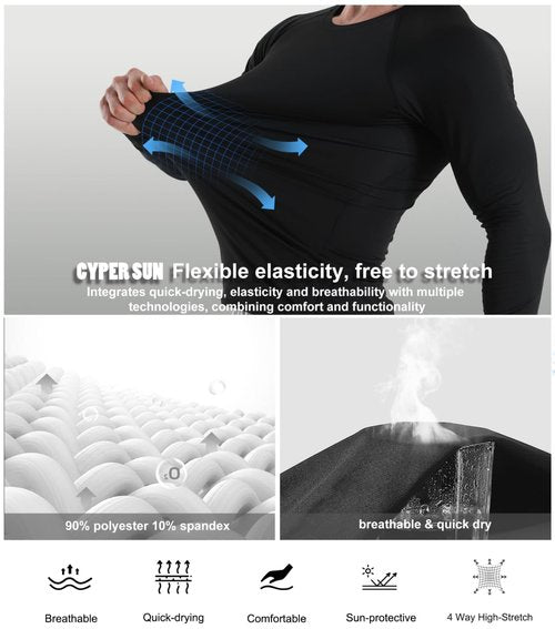 CYPER SUN 5 Pack Men's Compression Shirts Long Sleeve Undershirts, Quick Dry Workout Baselayer Rash Guard Fitness Top Black/White/Blue L