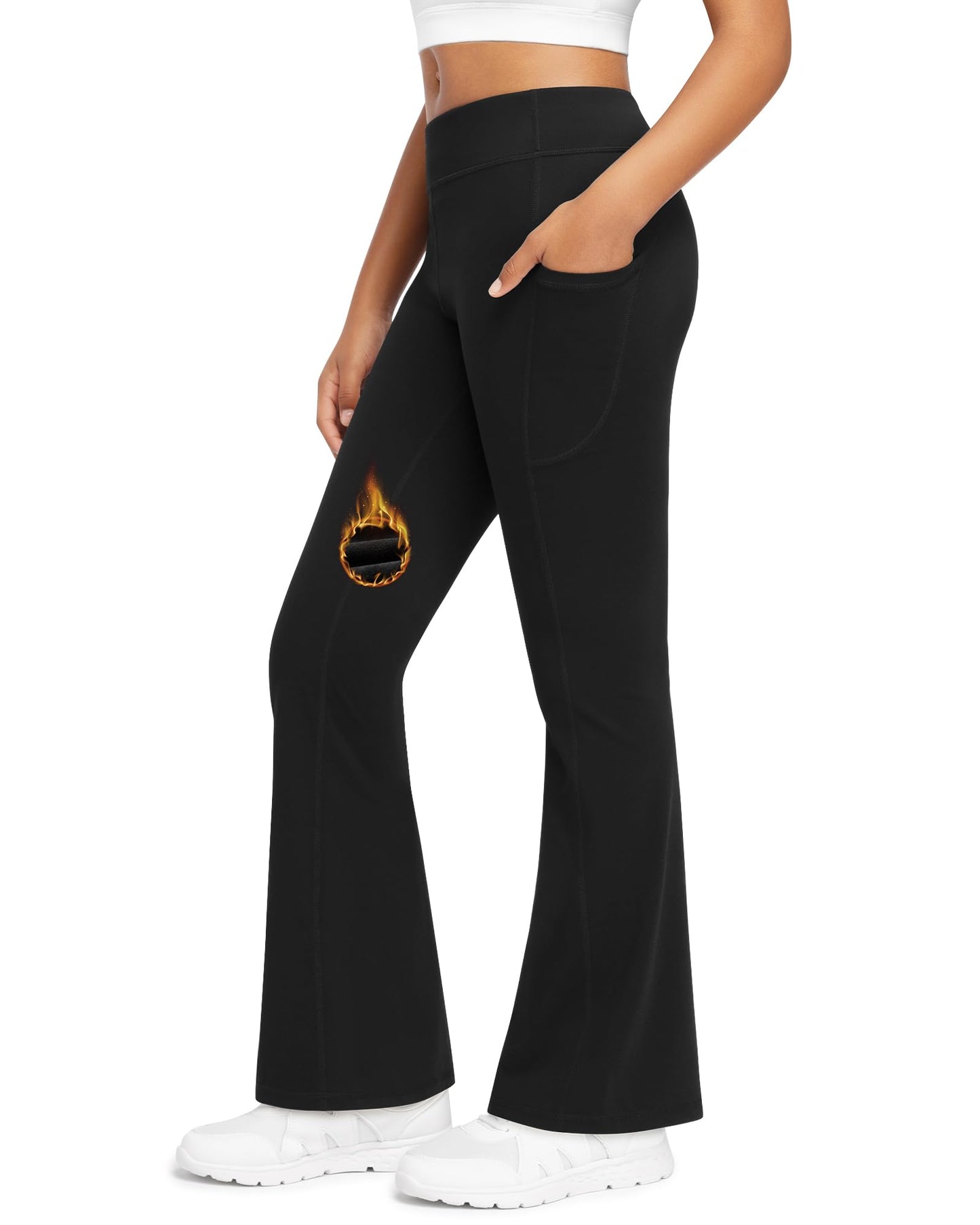 Stelle Girls Fleece Lined Flare Leggings Kids Bell Bottom with Pockets Warm Winter Athletic Yoga Pants (Black,XL)