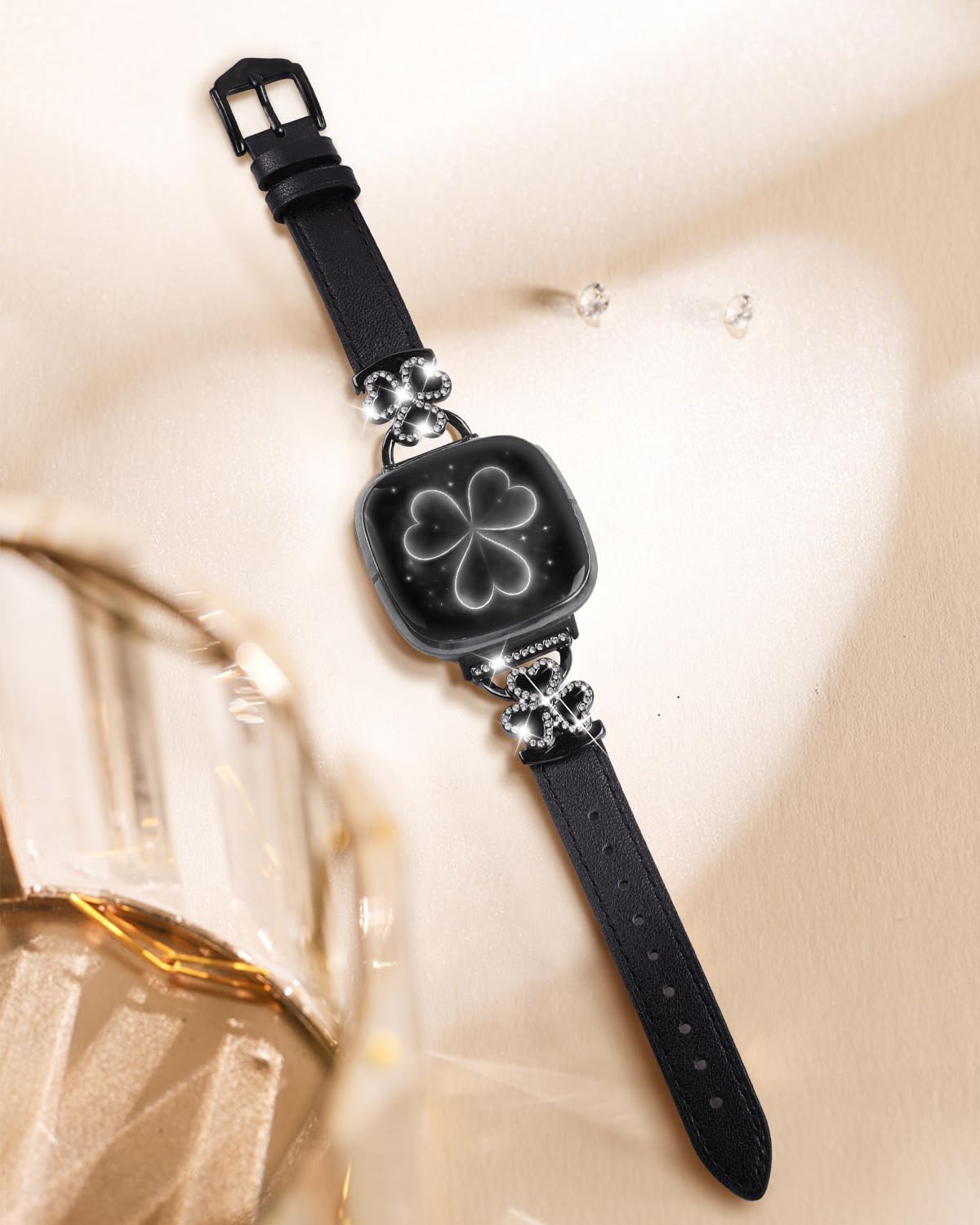 Leather Bands Compatible with Fitbit Versa 4/Fitbit Versa 3 /Fitbit Sense/Sense 2 Bands for Women, Bling Slim Leather Strap with Designer Three Hearts Design Buckle Strap for Fitbit Versa 4 Band (Black/Black)