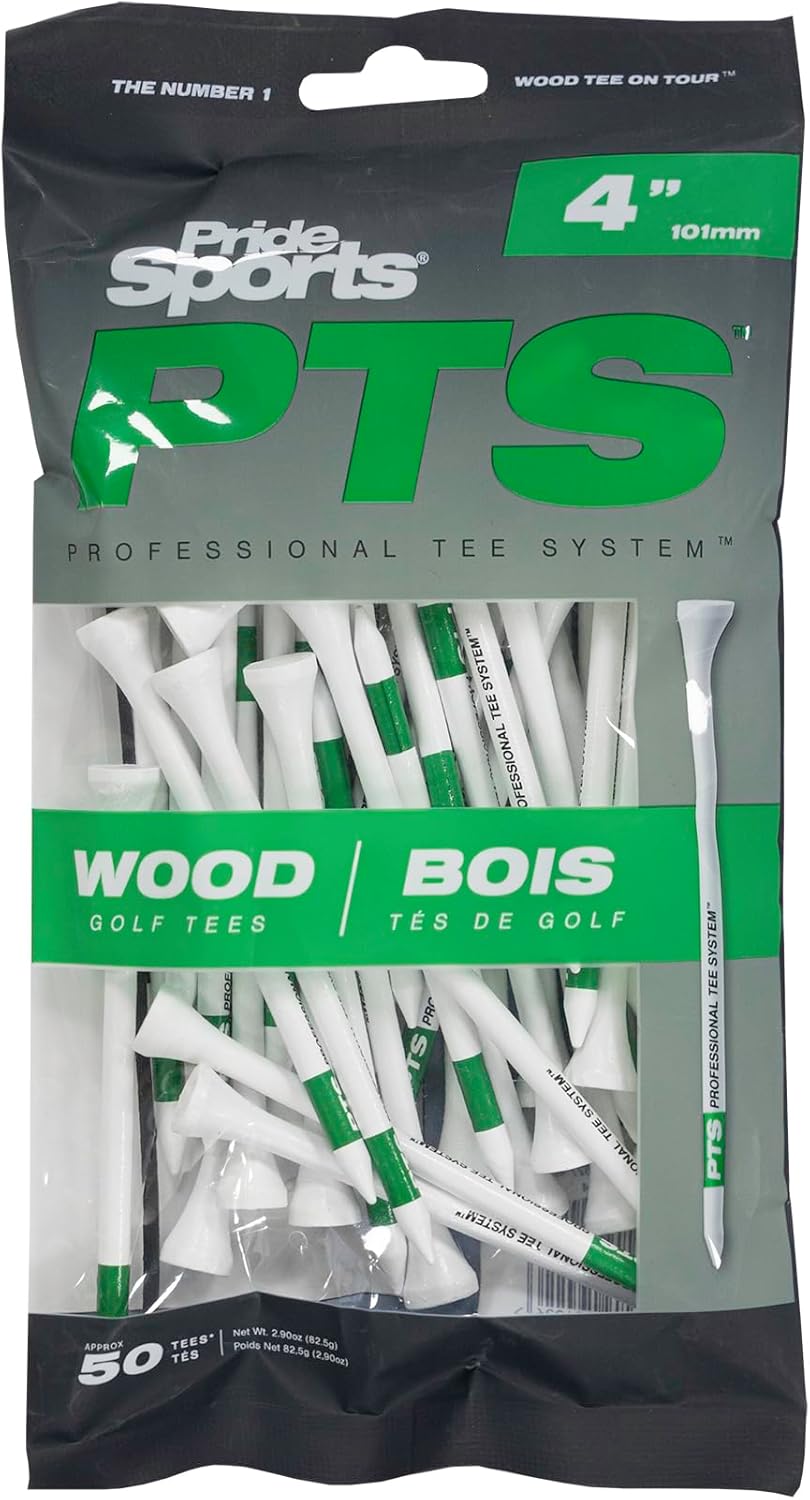 PTS Wooden Golf Tees - Durable 4-Inch Tees for Enhanced Performance | Bag of 50 Tees