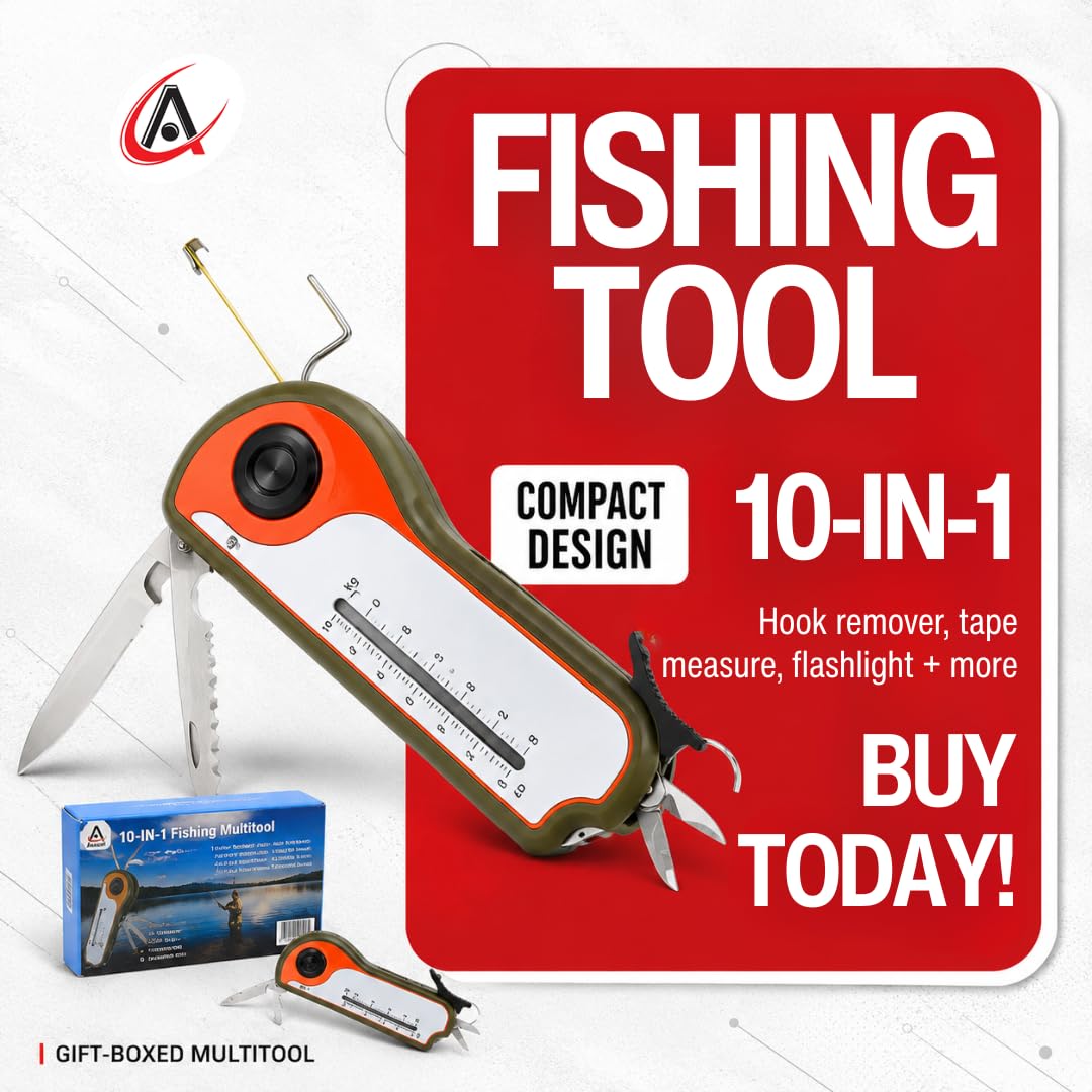 Fisherman Gift Tool Fishing Multitool - Hook Remover, Scale Scraper, Tape Measure, Bait Cutter, Flashlight, Knife, Scissors, Weight Scale, Bottle Opener, Gift Idea for Men Women Kids