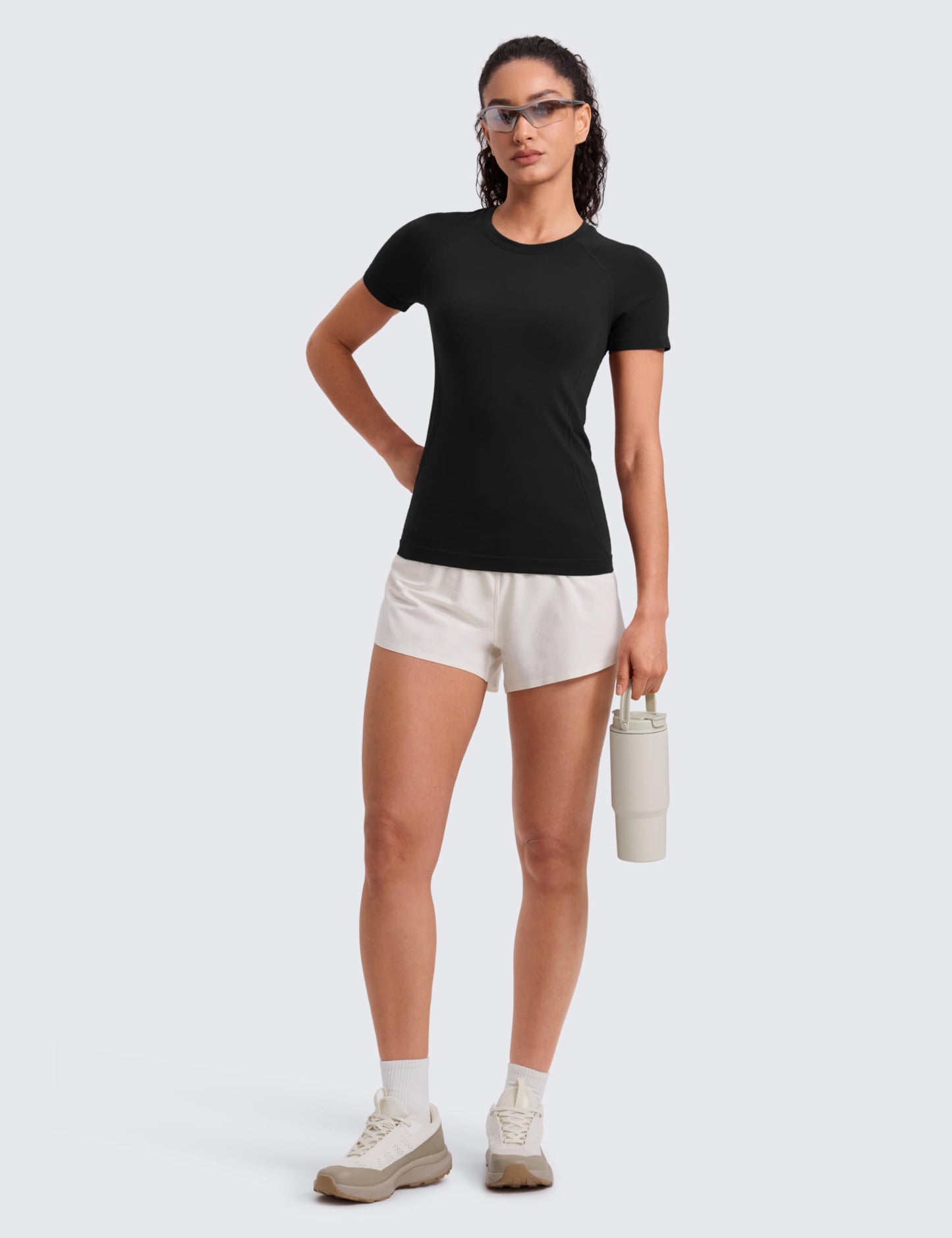CRZ YOGA Seamless Workout Tops for Women Hip Length - Athletic Running Gym Yoga Short Sleeve Shirts Breathable Crewneck Tees Hibiscus Purple Medium