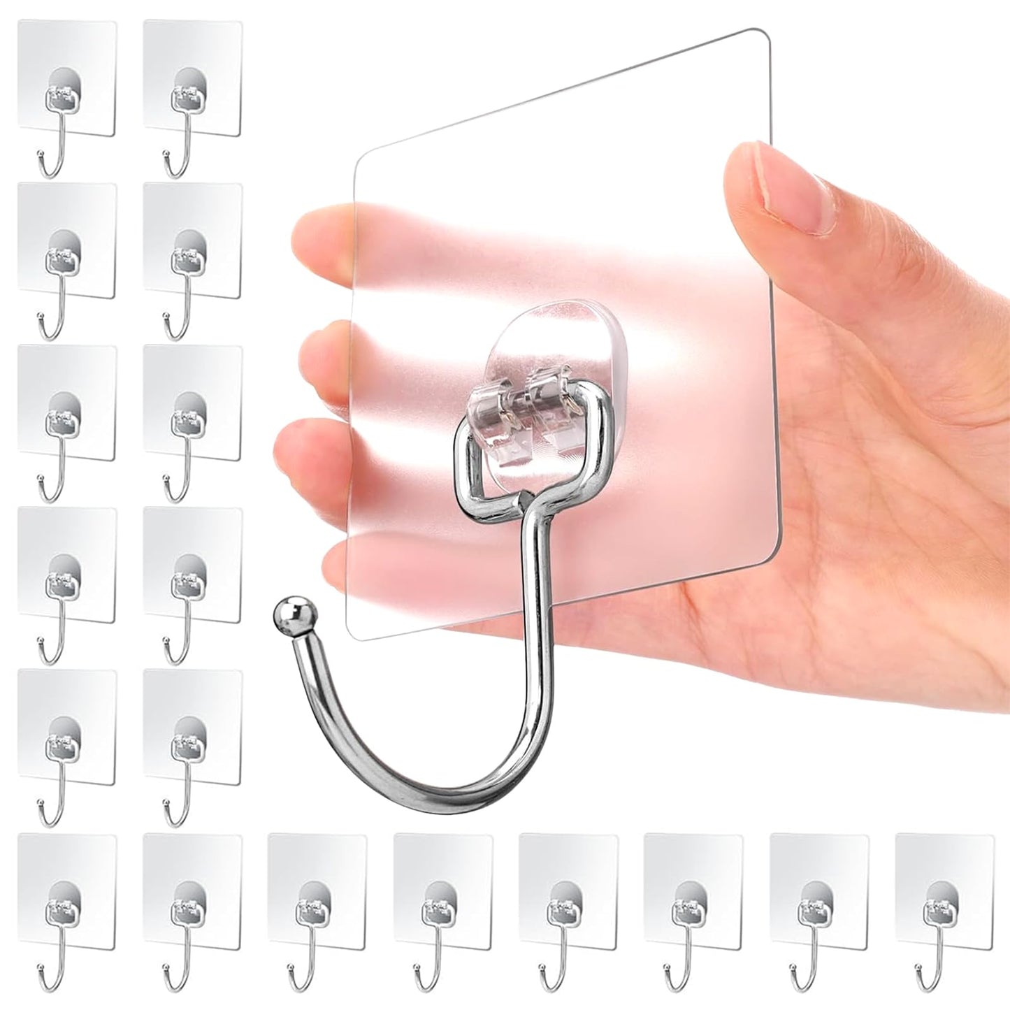 Adhesive Hooks for Hanging, Wall Hooks Self Adhesive Towel Coat Waterproof Transparent Hook for Bathroom Shower Kitchen Keys Door Outdoor Home Improvement Utility Hook 18 Pack Hold 40 lb(Max)