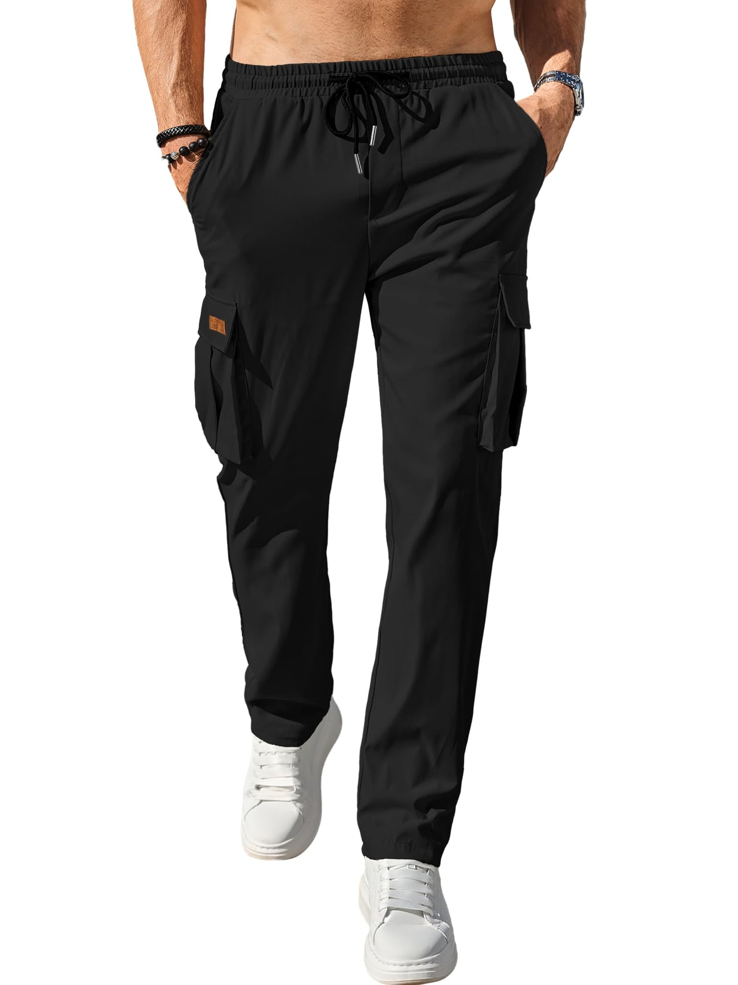 Comdecevis Men's Casual Cargo Pants Big and Tall Workout Joggers Stretch Baggy Sweatpants Hiking Drawstring Tactical Pants with Multi Pockets Black