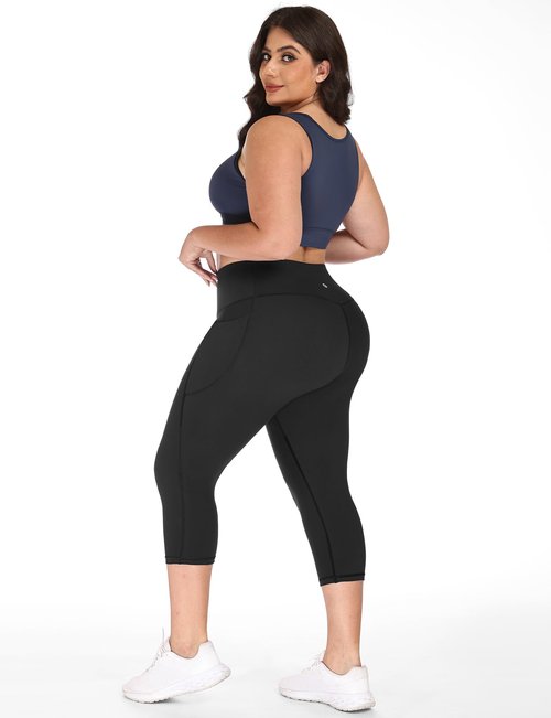 Heathyoga X-4XL Plus Size Capri Leggings for Women with Pockets Tummy Control Capri Yoga Pants High Waisted Leggings Black