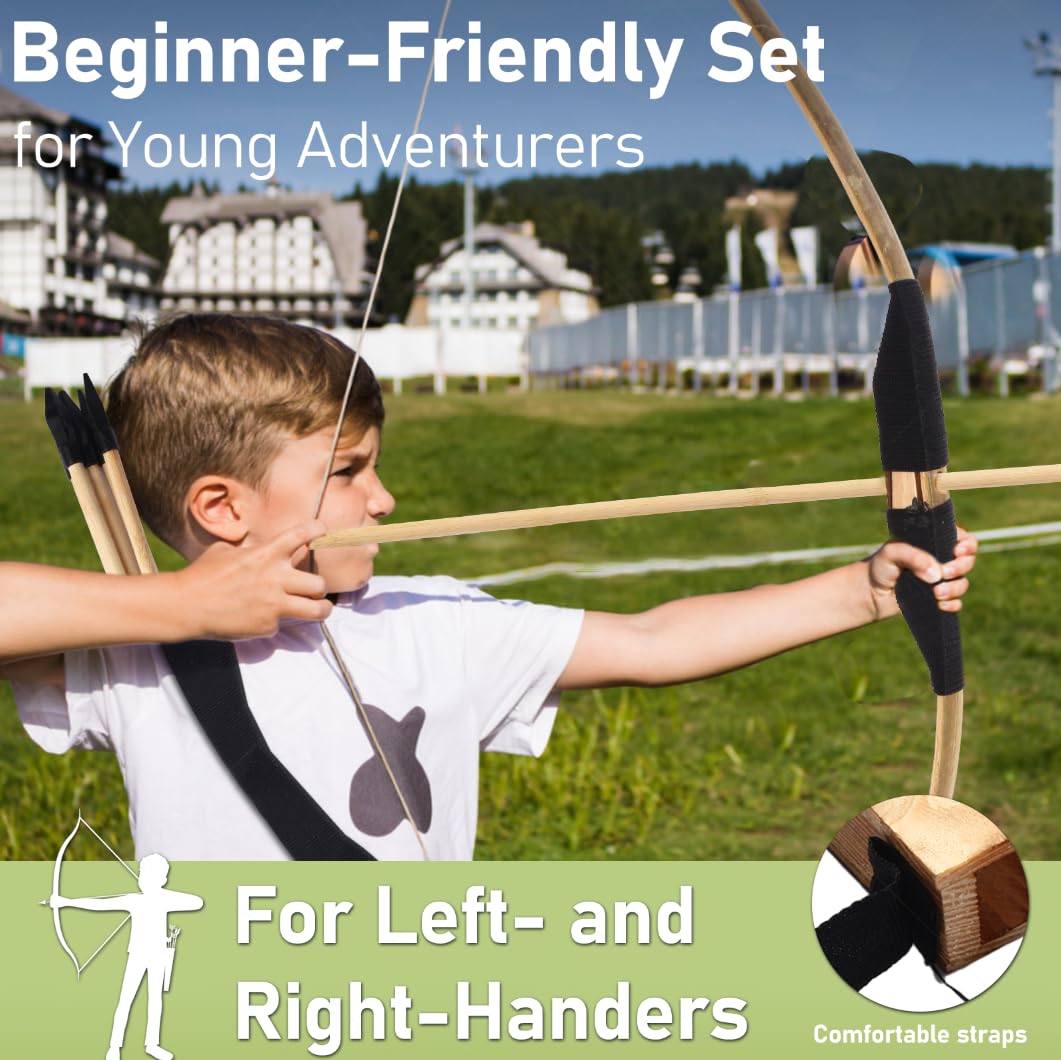 AHOSOUTLY Wooden Bow and Arrow Set for Kids, Handmade Archery Toy with 5 Safe Arrows & Quiver, Outdoor Indoor Role Play Props Games for Boys Girls Ages 4-18, Educational Birthday Gifts for Youth