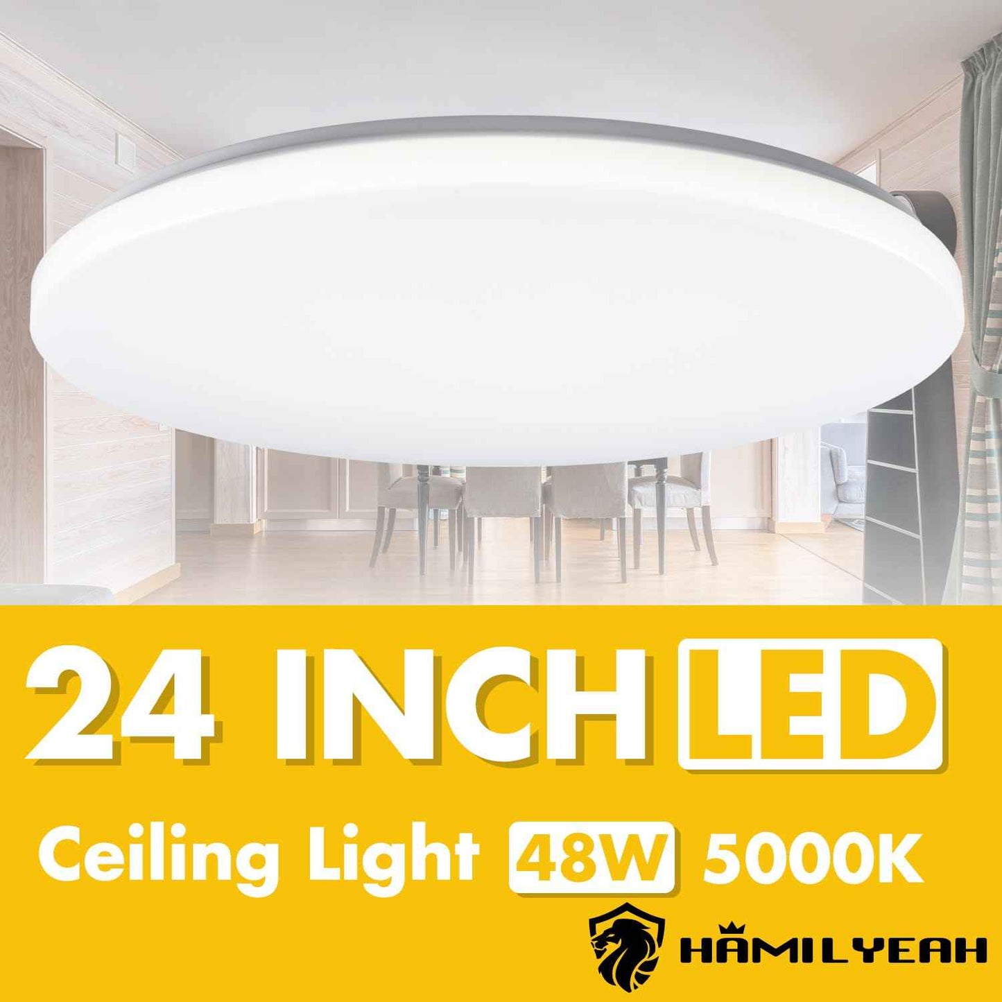 Hamilyeah 24 inch Flush Mount Ceiling Light Fixture, Drum Light Fixture Ceiling Mount 48W 5000K, Simple LED Close to Ceiling Lighting Fixture Round for Living Room, Bedroom, Kitchen