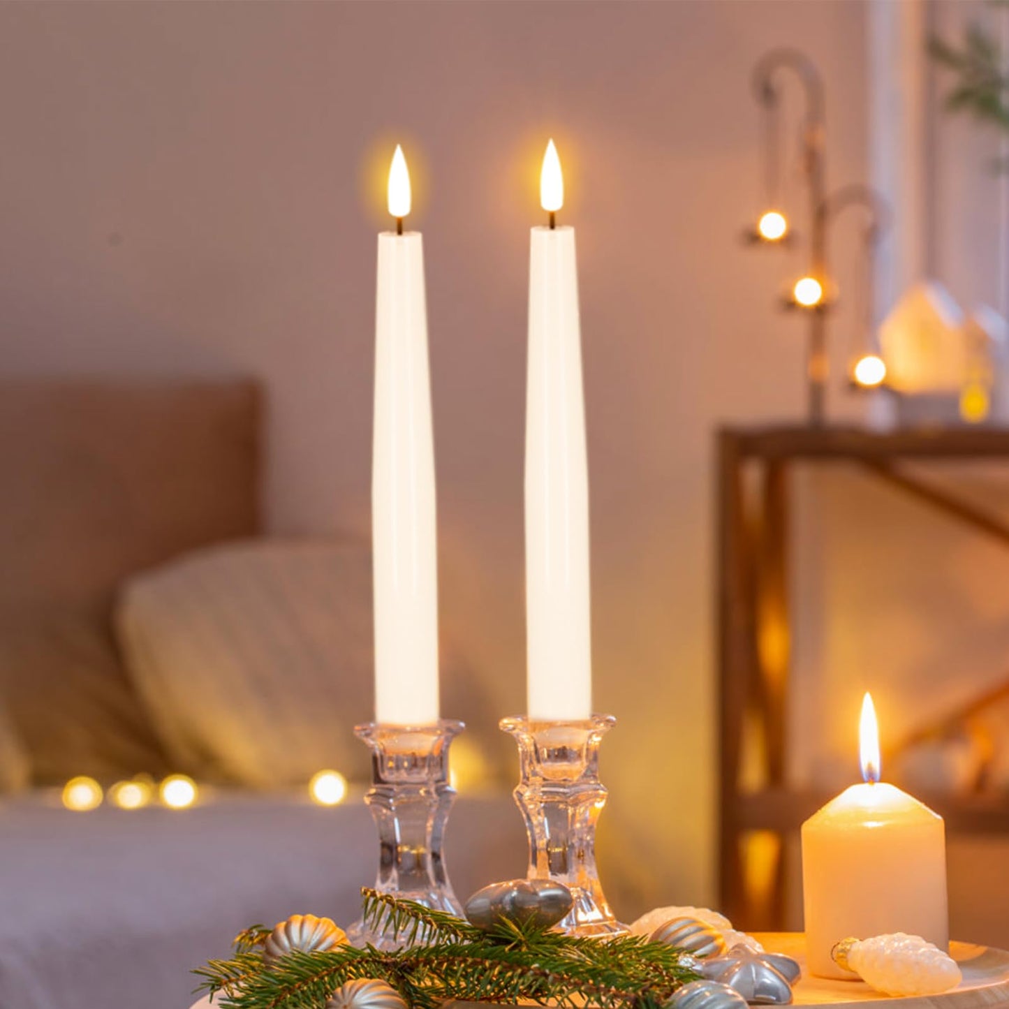 GenSwin Flameless Flickering Taper Candles Battery Operated, 4 Pcs Real Wax LED Taper Flameless Candlesticks with 3D Wick, White Electic Long Candles for Home Table Centerpieces Decor (0.79” x 8.1”)