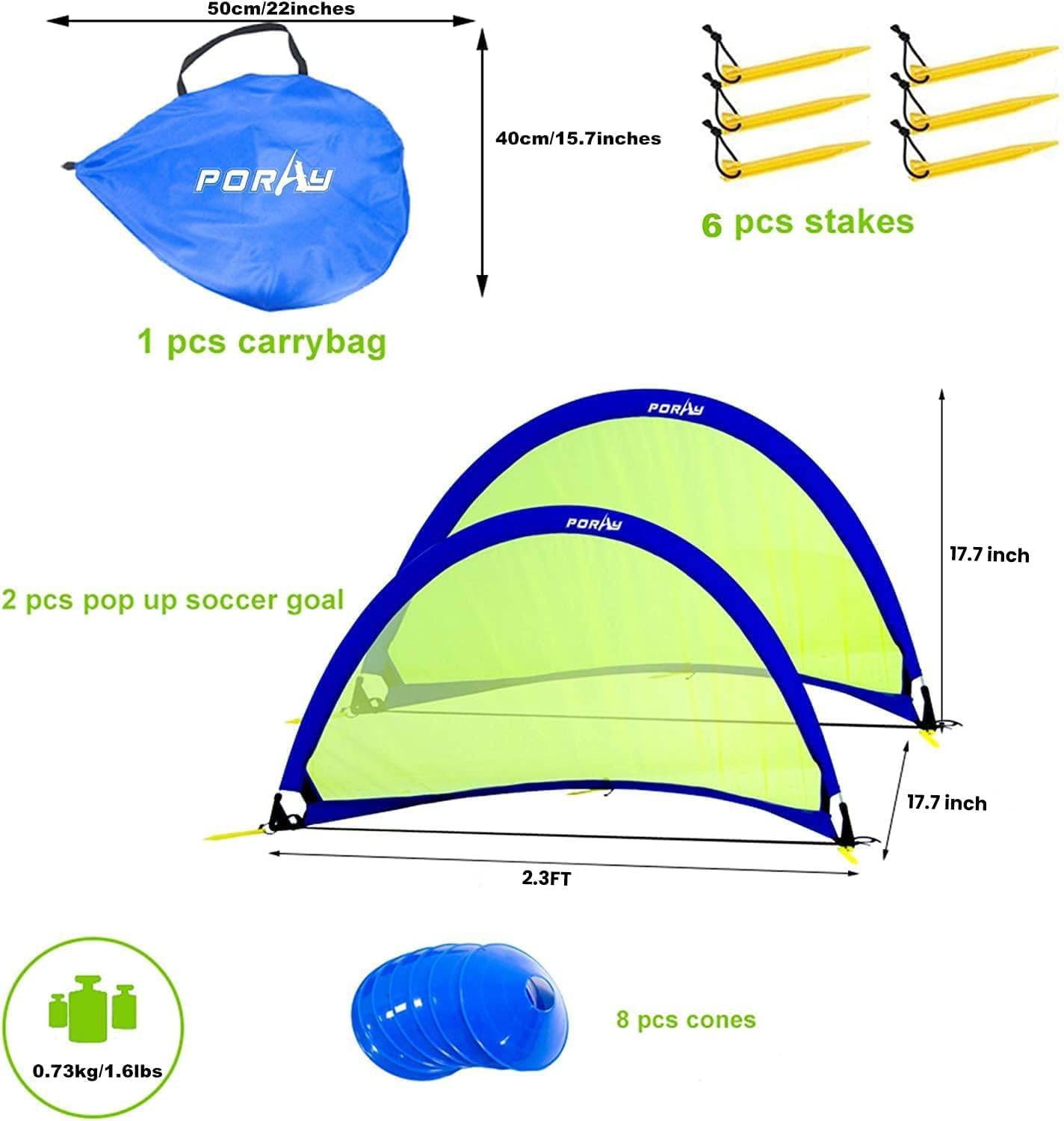 Poray Soccer Goal - Easy-Up Portable Soccer Net Set of 2 with 8 Field Marker Cones & Extra Stakes