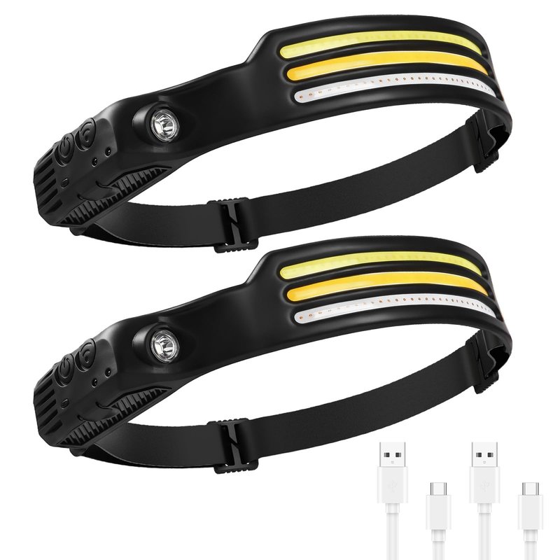 AURUZA 2PCS Headlamp Flashlight,2 COB 230°Wide Beam Headlight Rechargeable LED Headlamps with Motion Sensor Bright 5 Modes Three Light Strips Waterproof Head Lamp for Outdoor Running, Camping Hiking
