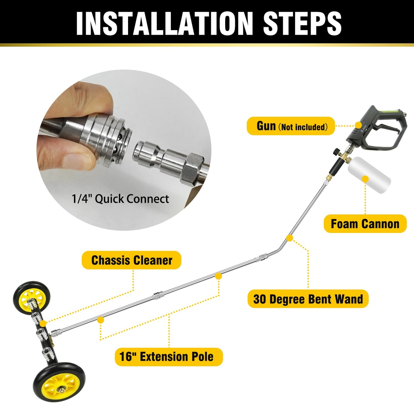 JANZ 16'' Pressure Washer Undercarriage Cleaner and Water Broom Attachment with Foam Cannon, 3 Pcs Extension Wands and 16 Nozzles - 4000PSI, 1/4'' Connector - for Electric and Gas Power Washers