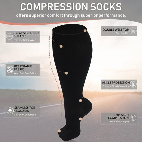 Diu Life Plus Size Compression Socks - Extra Knee High Support for Wide Calves | 3 Pairs